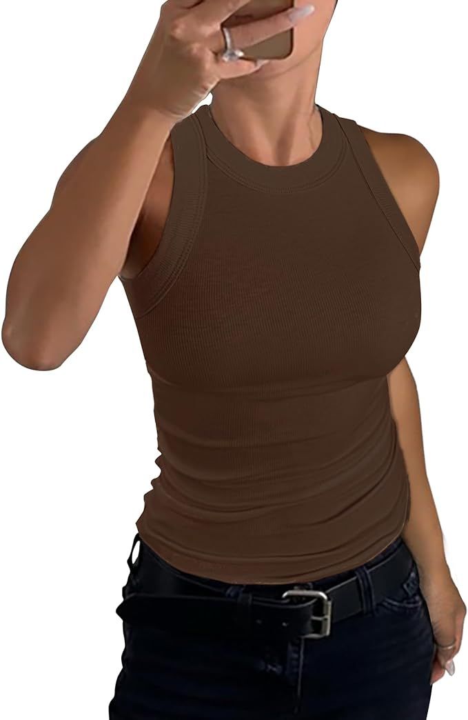 GEMBERA Womens Sleeveless Racerback High Neck Casual Basic Cotton Ribbed Fitted Tank Top | Amazon (US)