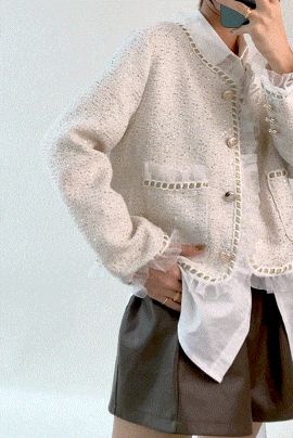 Ivory Sequin-Embellished Ruffled Tweed Jacket | J.ING