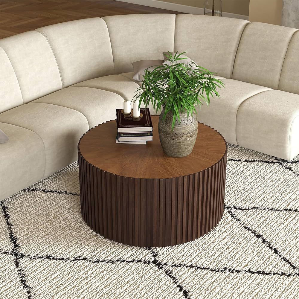 POVISON Round Coffee Table Wood Coffee Table, Mid Century Modern Coffee Table, Fluted Coffee Tabl... | Amazon (US)