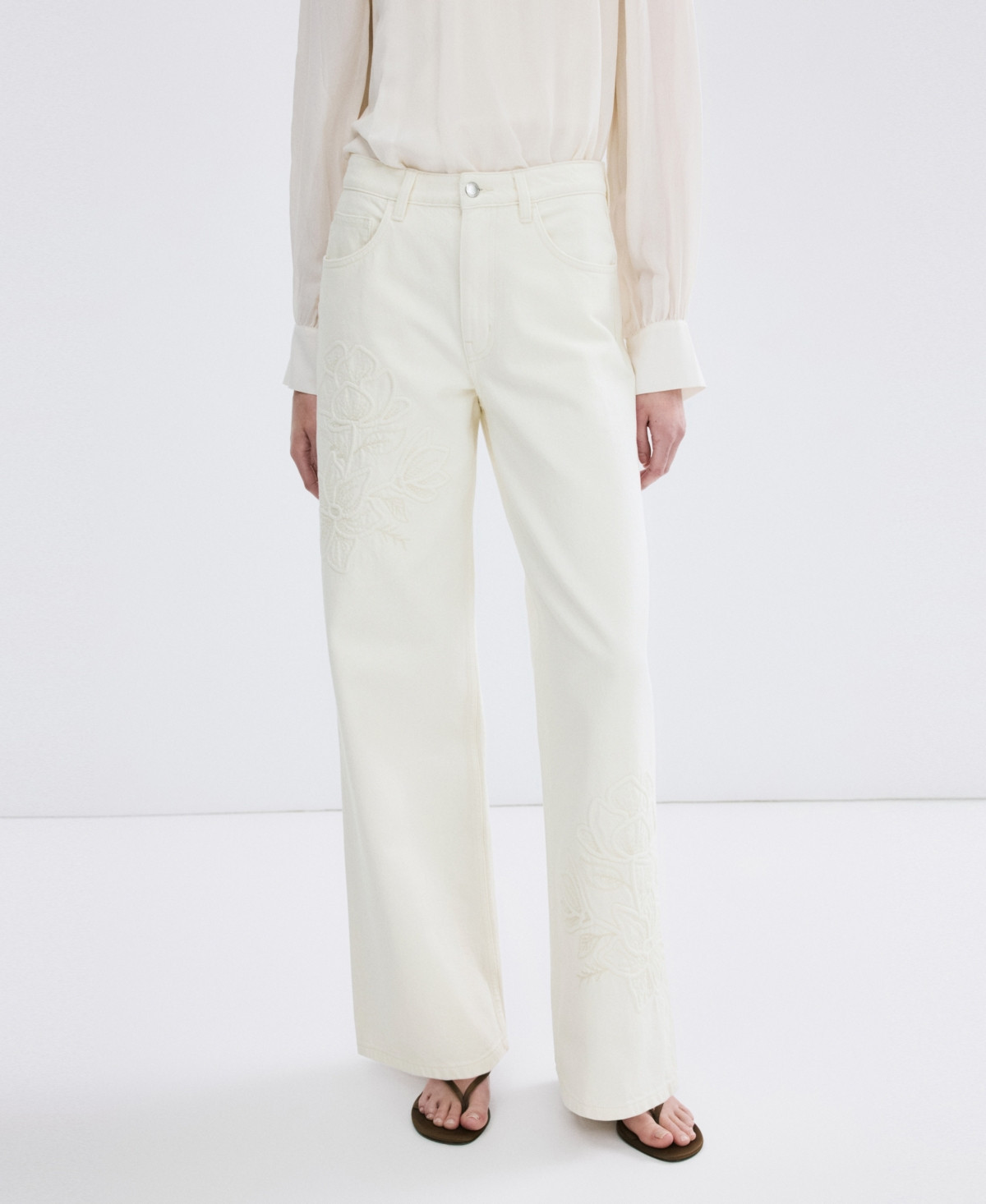 Mango Women's Flower-Embroidered Straight-Fit Jeans - Ecru | Macy's