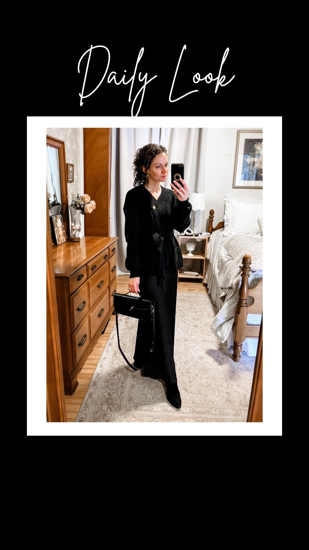 An all black winter to spring look!
Black cardigan from Amazon. 
Black satin maxi skirt from Amazon. 
Gold door knocker earrings are from a local boutique, linking similar. 
Black woven handbag from Chicwish. 
Black booties are old from Blondo, linking similar. 
Petite outfit. Modest outfit. Spring outfit. Neutral outfit. Classic outfit  

#LTKootd #LTKgrwm #LTKdayinmylife