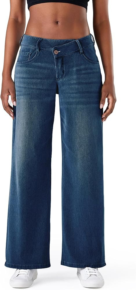 Fanica Women's Low Rise Wide Leg Jeans, Crossover Waist Stretchy Relaxed Fit Denim Pants | Amazon (US)