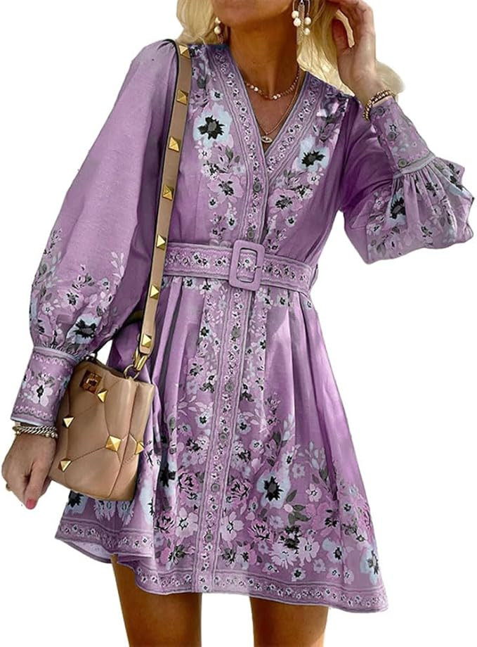 Melliflo Women's Boho Floral Print Mini Dress Long Lantern Sleeve Button Down Dresses V Neck Loos... | Amazon (US)