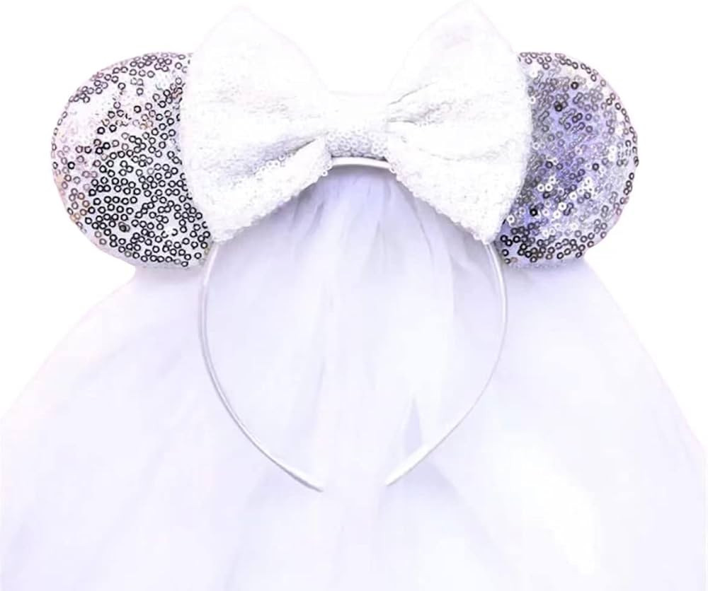 CLGIFT Bride Minnie Ears Headband, White Veil Bride Minnie Ears, Honeymoon Ears, Wedding Ears, Ba... | Amazon (US)