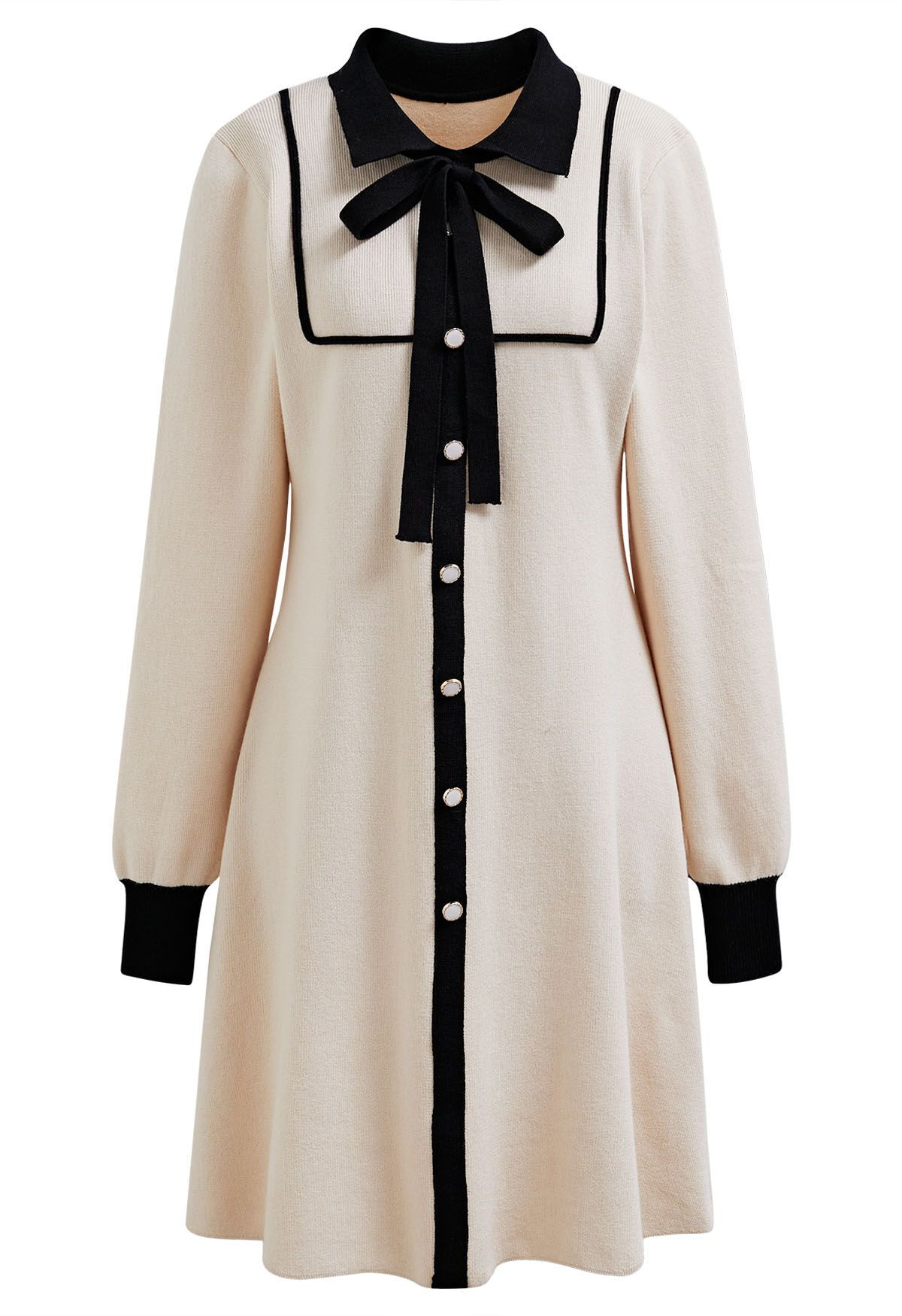 Contrast Edge Polo Knit Dress in Cream | Chicwish