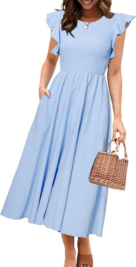 Simplee Womens Striped Midi Summer Dress Smocked Flutter Short Sleeve Dress 2025 Flowy Casual Dre... | Amazon (US)