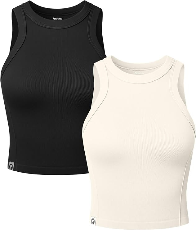 OQQ Womens 2 Pack Crop Tank Tops Crew Neck Sleeveless Ribbed Stretch Workout Athleisure Tops | Amazon (US)