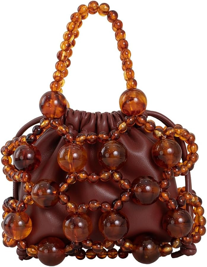Women's brown leather shoulder bag with amber bead decoration, Bohemian women's crossbody bag, cu... | Amazon (US)