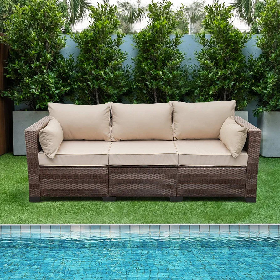 WAROOM Patio Couch PE Wicker 3-Seat Outdoor Brown Rattan Sofa Deep Seating Furniture with Non-Sli... | Amazon (US)