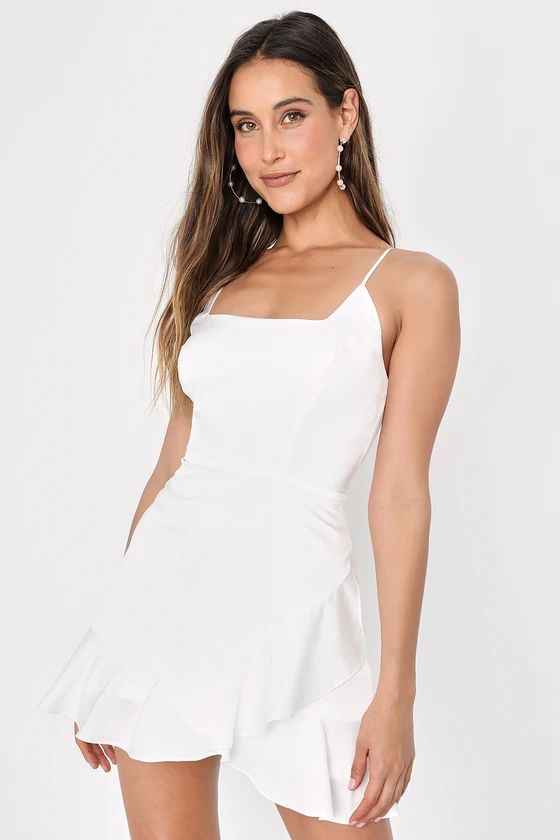 Romantic Angel White Satin Square Neck Ruffled Mini Dress | Lulus