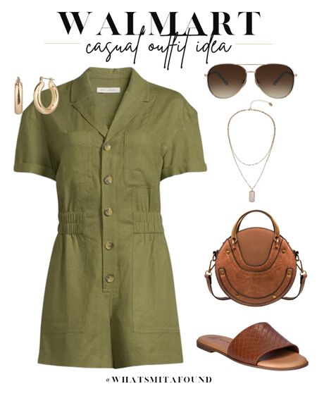 Walmart outfit idea, summer outfit idea, casual outfit idea, olive romper, linen romper, button front romper, collared romper, boiler suit romper, trendy romper, tan sandals, woven sandals, tan purse, circle purse, designer inspired purse, crossbody purse, layered necklaces, gold necklaces, gold hoops, chunky hoop earrings, aviator sunglasses 

#LTKShoeCrush #LTKFindsUnder50 #LTKItBag