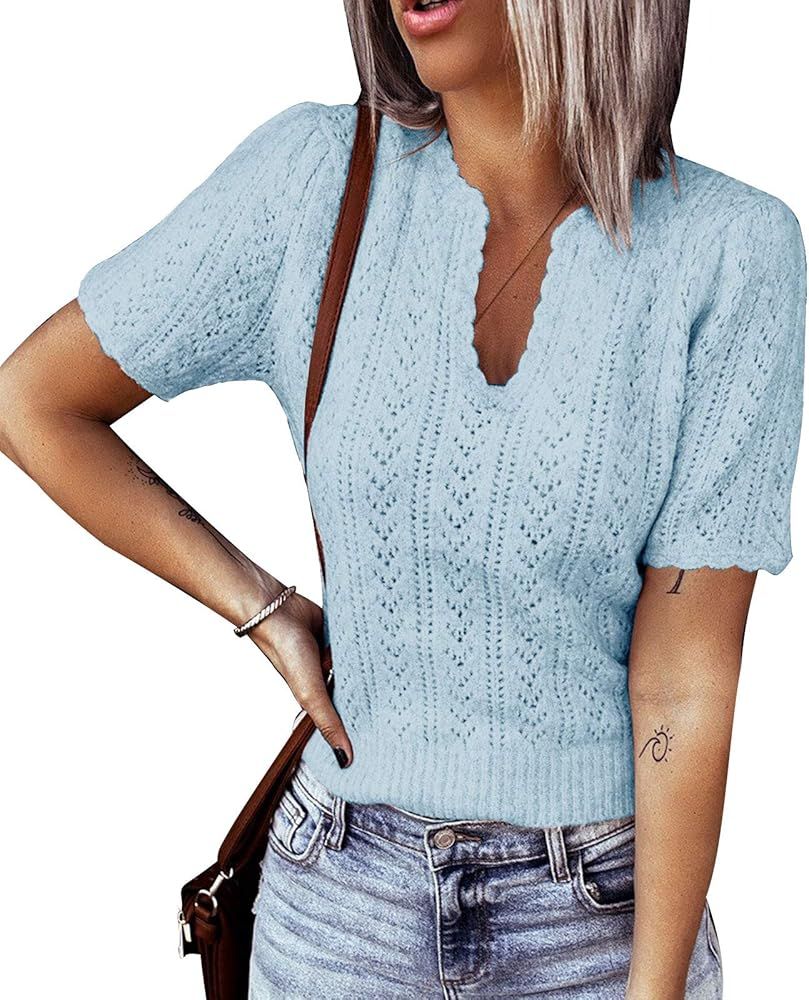 Flysearcher Women Short Sleeve Tops Summer Crochet Knit Blouse Eyelet T Shirt Solid Pointelle Swe... | Amazon (US)