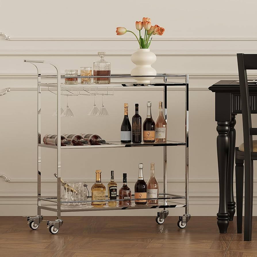 Bar Cart Silver, Home Bar Serving Cart, Modern Bar Cart with 3-Tier, Mobile Kitchen Shelf with Wi... | Amazon (US)