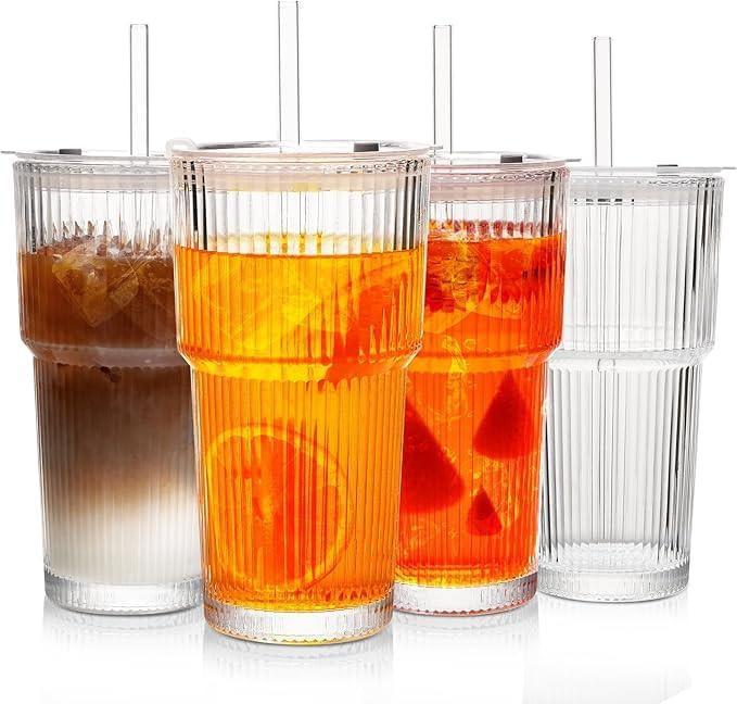 20oz Ribbed Glass Tumblers with Lids and Glass Straws -4-Piece Set, Thickened for Iced Coffee, Sm... | Amazon (US)