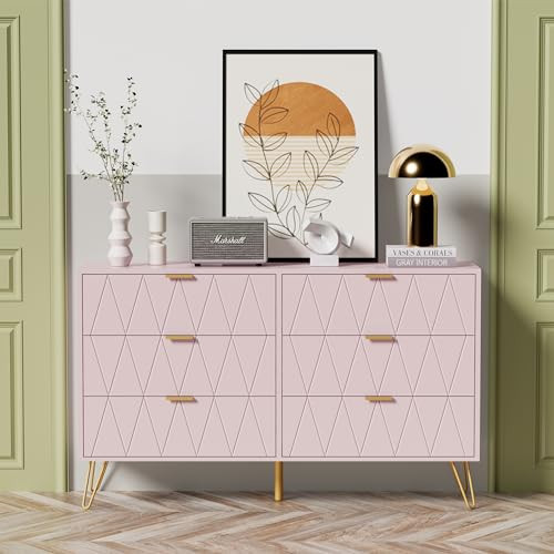 UEV 6 Drawer Dresser for Bedroom,Pink Dresser with Wide Drawers and Metal Handles,Modern Dresser Chest for Bedroom,Living Room,Entryway(Large Pink) | Amazon (US)