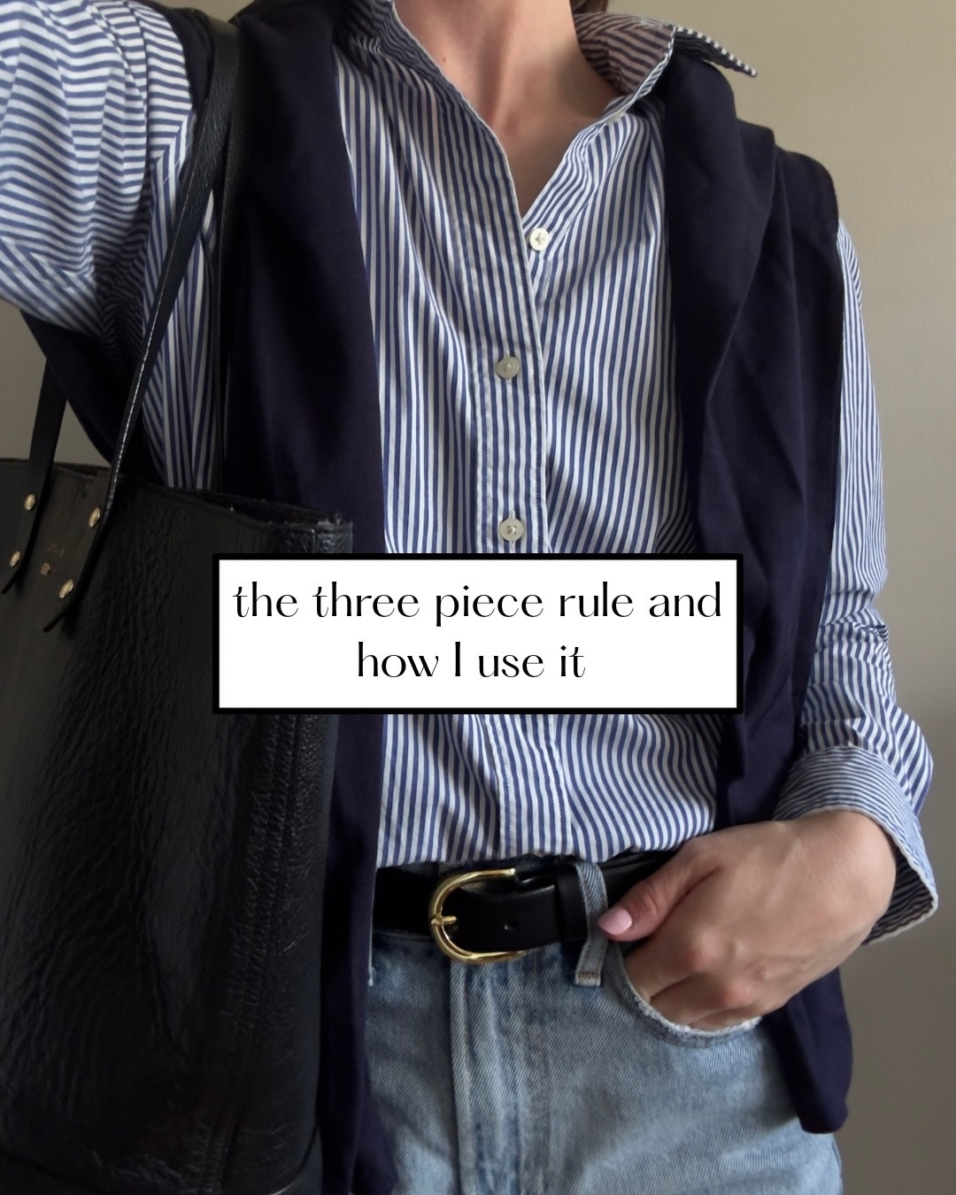 This simple formula always helps my outfits feel cohesive and complete 🤍 

The three piece rule means that you have three foundation pieces for each outfit. I typically always have a belt and a bag as two of my pieces - then I add a coat, a shoulder sweater, or an undershirt as my third piece. It’s a super simple way to elevate any outfit. 

The three piece rule works because it creates depth in your outfits. Often basics fall flat when they are used on their own (picture just a white tee and jeans vs a white tee, belt, sweater over the shoulders, and a complimenting bag). 

Do you follow something similar to the three piece rule? Let me know in the comments ✨