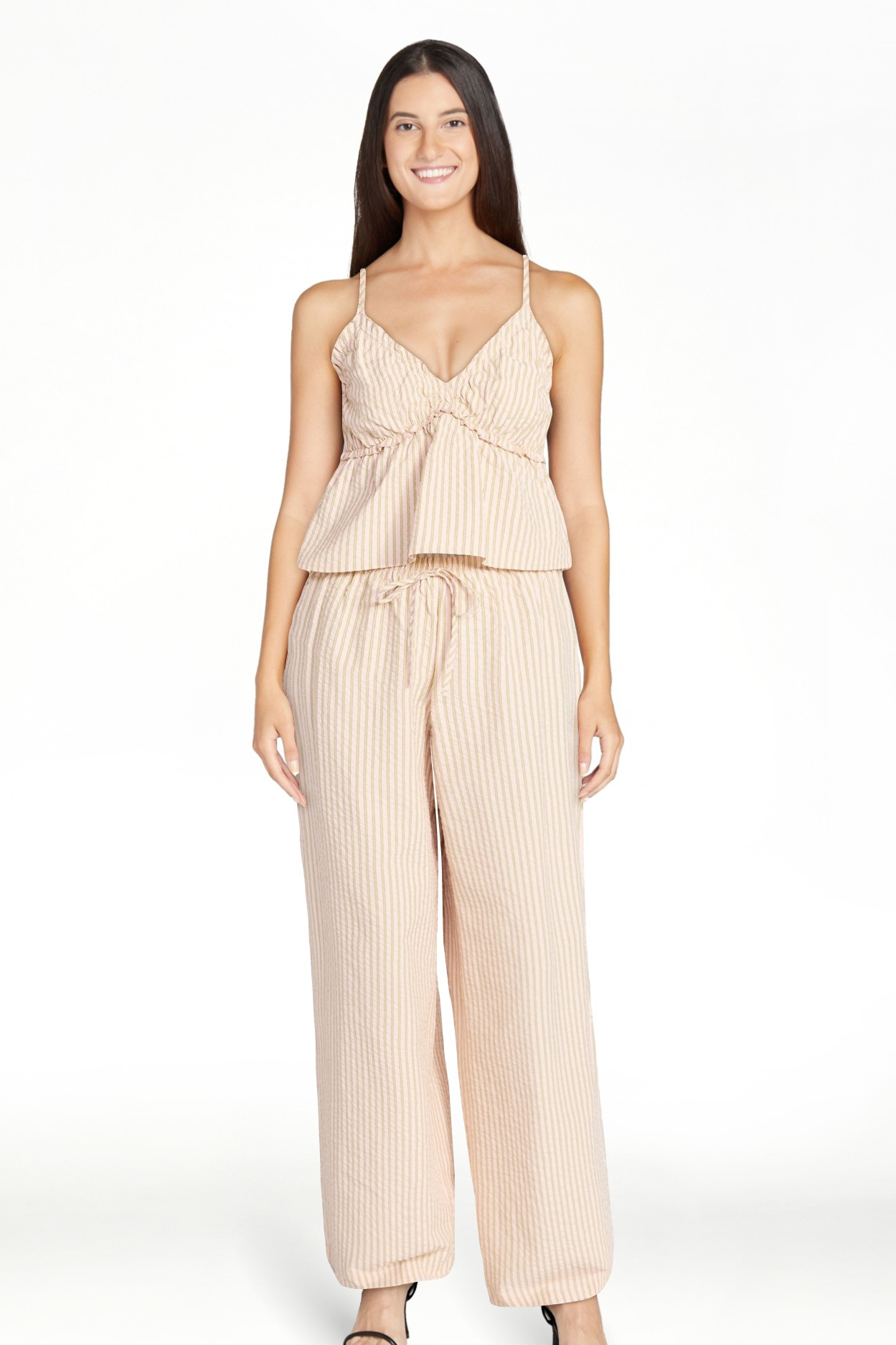 No Boundaries Striped Seersucker Ruffle Cami and Drawstring Pants Set, 2-Piece, Women's XXS-4X | Walmart (US)