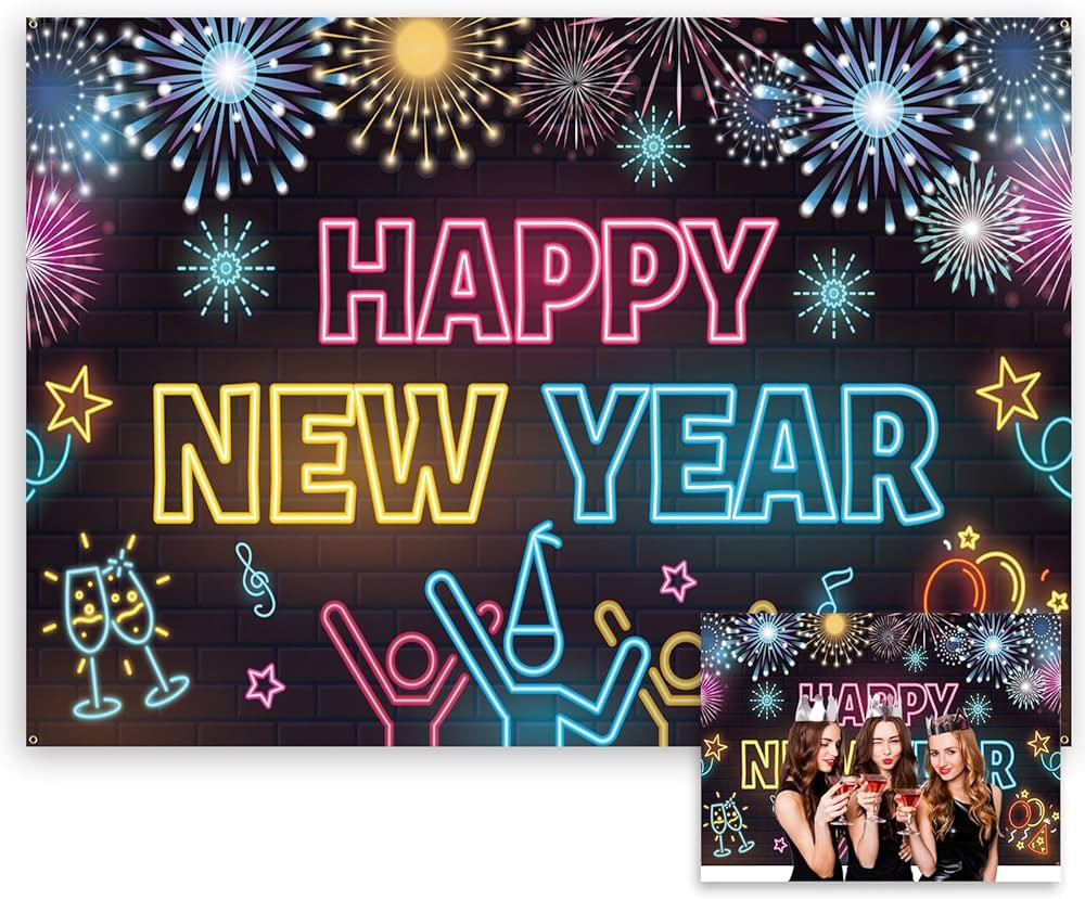 HOWAF Happy New Year Party Decoration Neon Backdrop Banner, Glow In The Dark New Year Eve Shiny F... | Amazon (US)