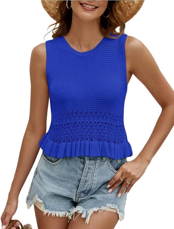 CiCiBird Women Cute Crop Sweaters Vest Knit Sleeveless Pullover Tops Crochet Ruffle Hem Tank | Amazon (US)