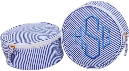 Threadart Personalized Round Cosmetic Bag with Embroidery – Navy Seersucker - Custom Monogram M... | Amazon (US)