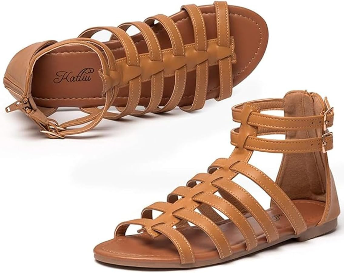 katliu Women's Gladiator Sandal Strappy Flat Sandals Two Ankle Buckle | Amazon (US)