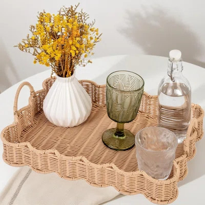 Rectangle Wicker Serving Tray With Scalloped Edge, Coffee Table Tray With Handles, Decorative Woven Tray 15.75X11.4X2.36In For Entryway, Ottoman Tray | Wayfair North America