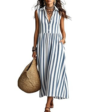 Women Striped Sleeveless Maxi Dress Boho Flowy Beach Long Shirt Dresses Summer Sundress Vacation ... | Amazon (US)
