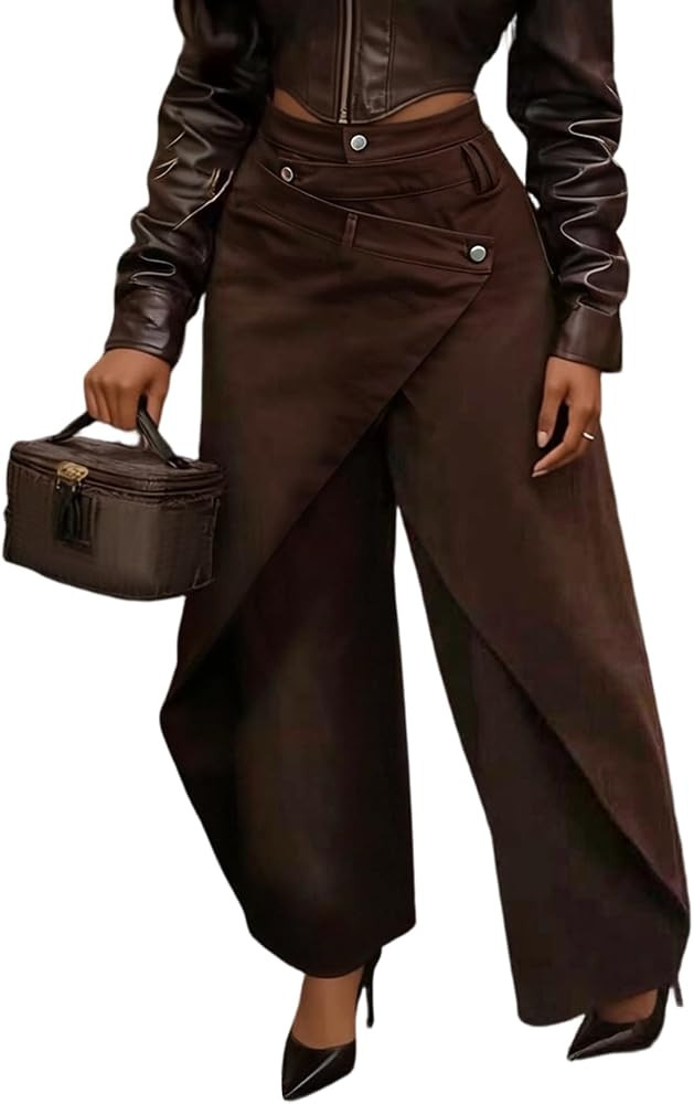 Women's High Waisted Wide Leg Asymmetrical Pants Wrap Trousers | Amazon (US)