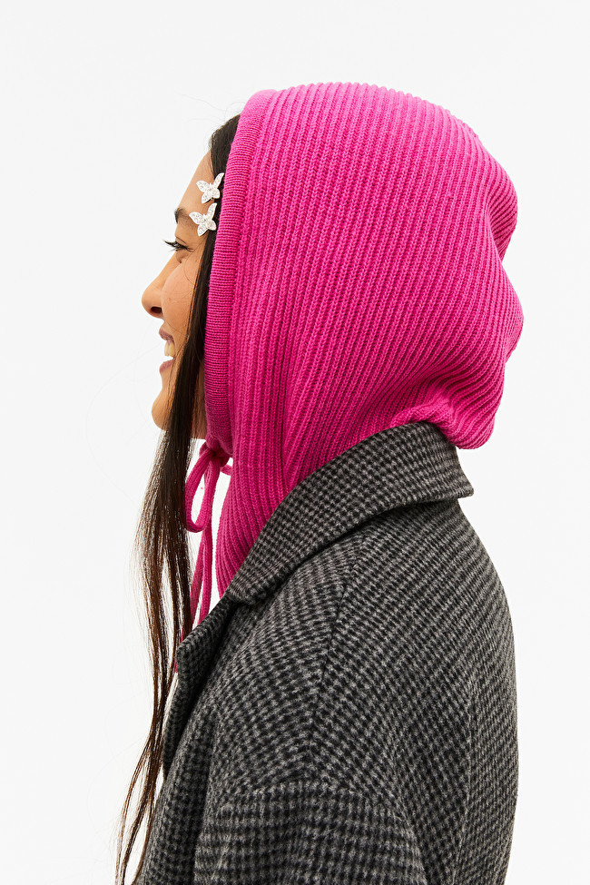 Bright pink knitted hood with drawstring | Monki