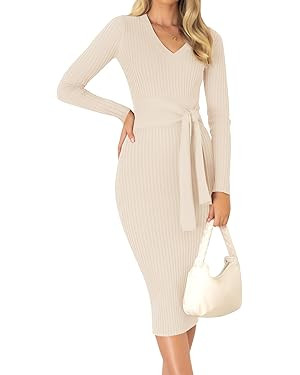 ZESICA Women's 2024 Fall Sweater Dress V Neck Long Sleeve Ribbed Knit Tie Waist Slim Fit Bodycon ... | Amazon (US)