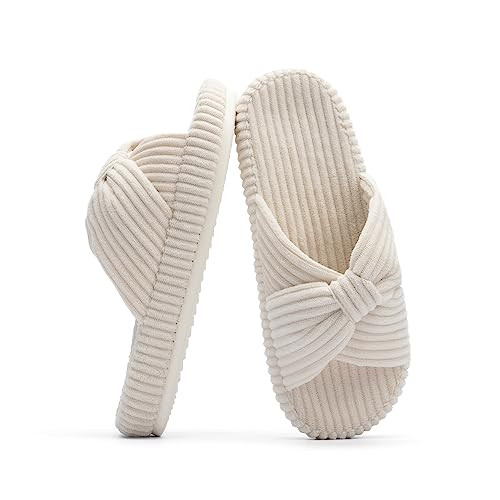 Chantomoo Slippers for Women Memory Foam House Bedroom Corduroy Bow Crossbands Slide Slipper Shoes Comfy Trendy Gift Slippers Beige Size7 8 6.5 | Amazon (US)