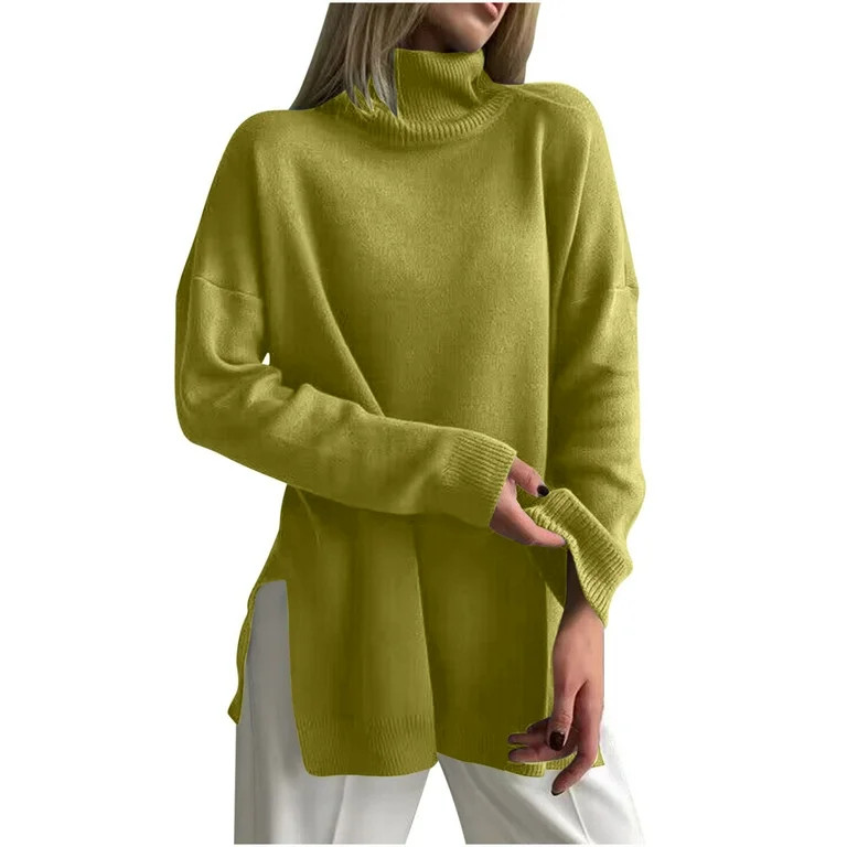 Turtleneck Sweater Women, Drop Shoulder Side Split Oversized Sweaters High Neck Pullover Long Sle... | Walmart (US)