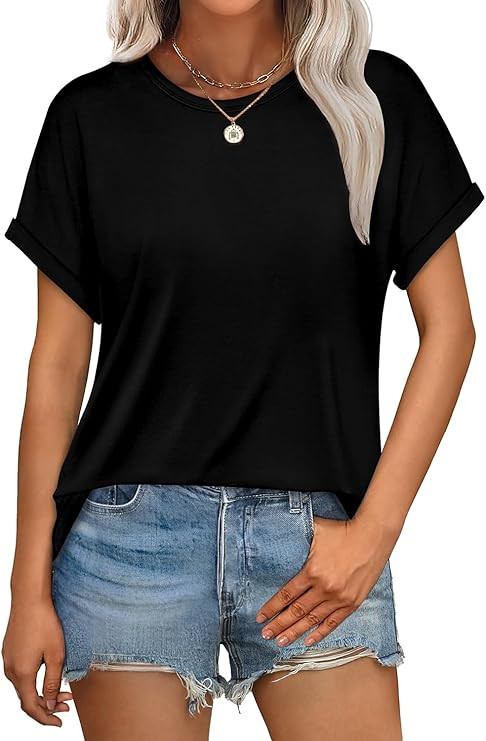 WEESO Womens T Shirts Crew Neck Rolled Short Sleeve Basic Summer Tops 2026 Casual Tees Curved Hem | Amazon (US)