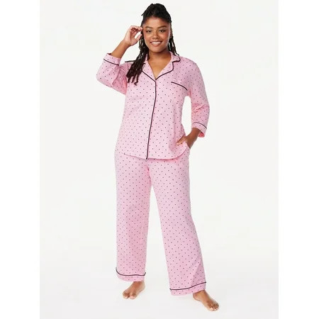 Joyspun Women’s Knit Notch Collar Top and Pants Pajama Set 2-Piece Sizes S to 4X | Walmart (US)