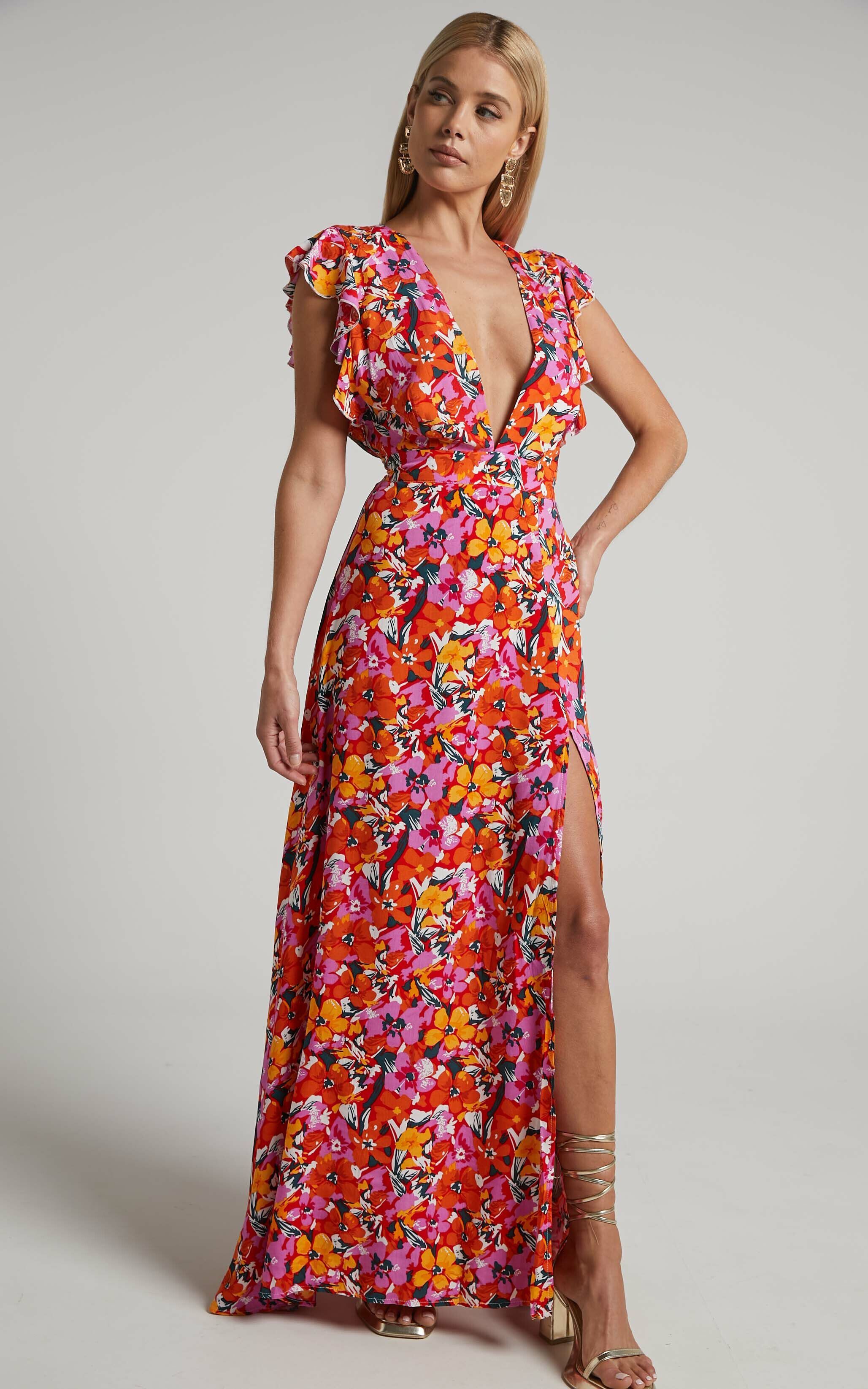 Dyliah Maxi Dress - Thigh Split Frill Shoulder Plunge Neck Dress in Spring Floral | Showpo (US, UK & Europe)