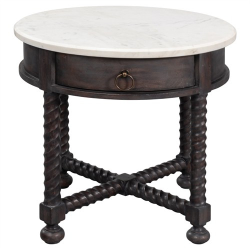 Stella Updated Traditional White Marble Brown Acacia Round Spindle Side Table | Kathy Kuo Home