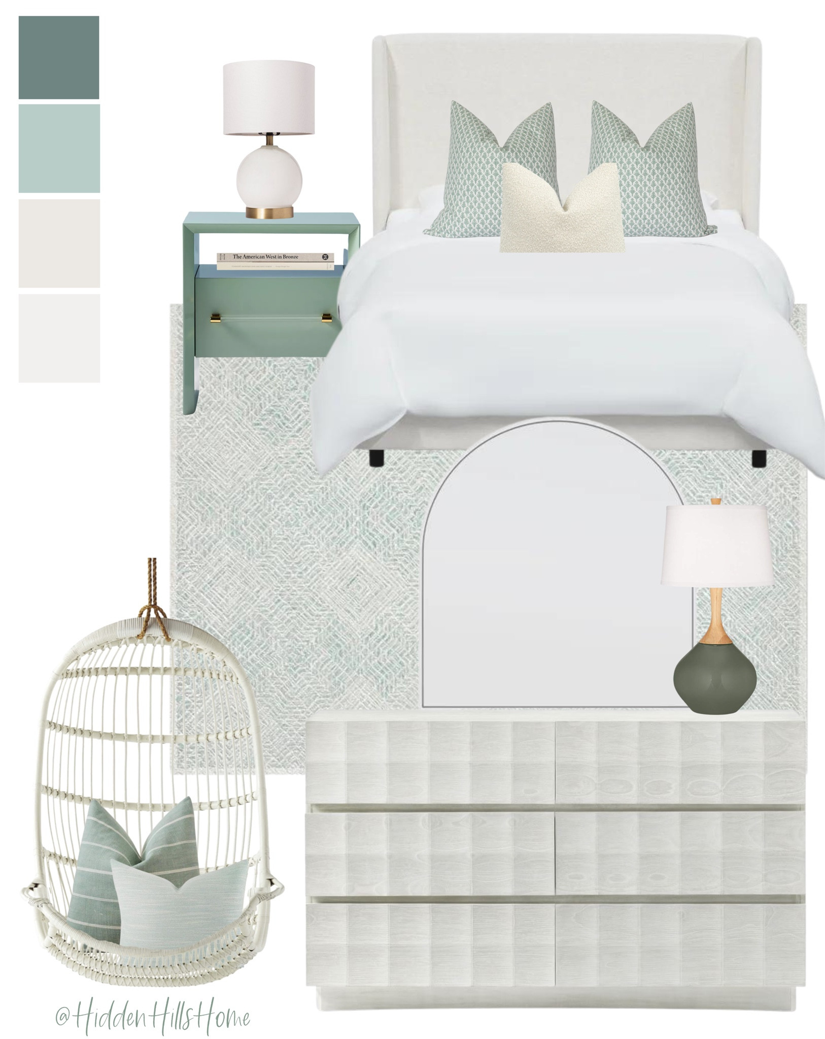 Girls Bedroom Inspo, Teen girl Bedroom, Tween Bedroom, Home Decor, Girls room, Green decor decor, Upholstered bed sale, Dresser, Hanging chair #girlsroom #bedroom #teengirls 

#LTKhome #LTKkids #LTKsalealert