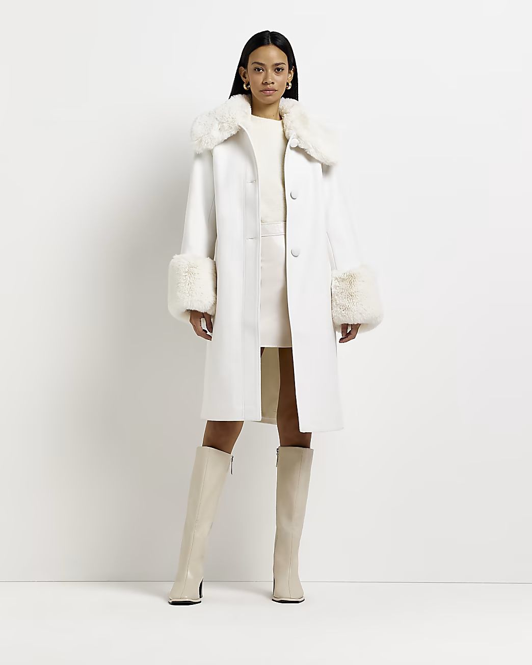 Cream wool faux fur detail longline coat | River Island (US)