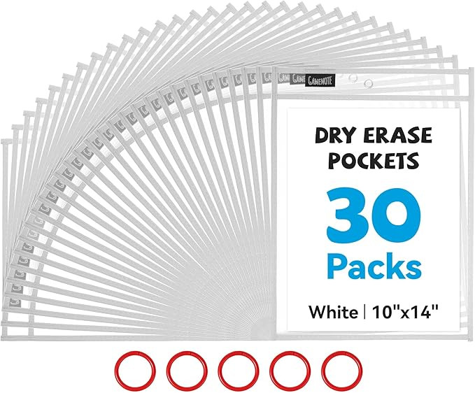 Gamenote 30 Pack White Dry Erase Pockets with 5 Rings, 10x14 Oversized Reusable Plastic Sleeves, ... | Amazon (US)