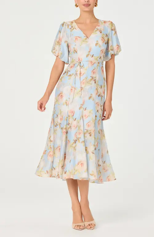 ASTR the Label Lavena Floral Puff Sleeve Midi Dress in Blue Flrl at Nordstrom, Size Large | Nordstrom