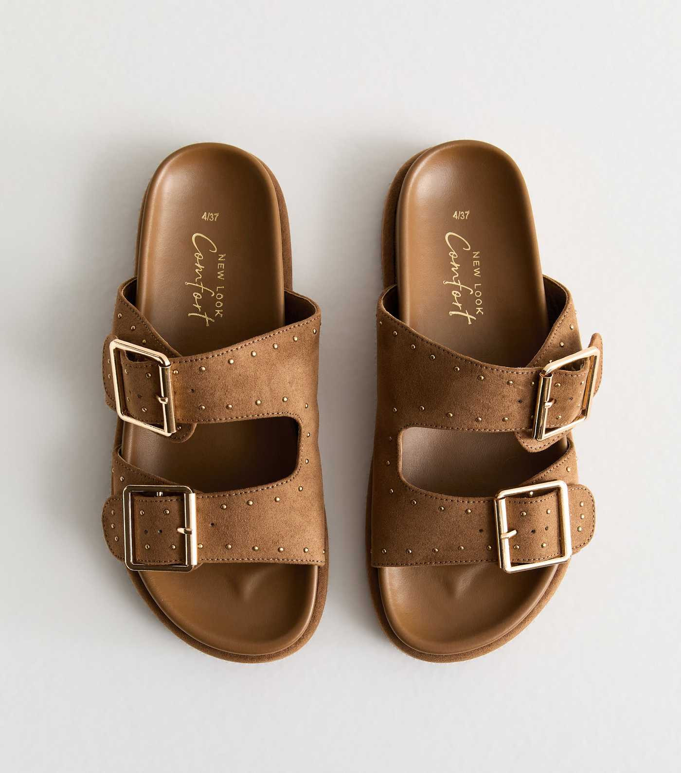 Light Brown Suedette Stud Embellished Flat Sandals | New Look | New Look (UK)