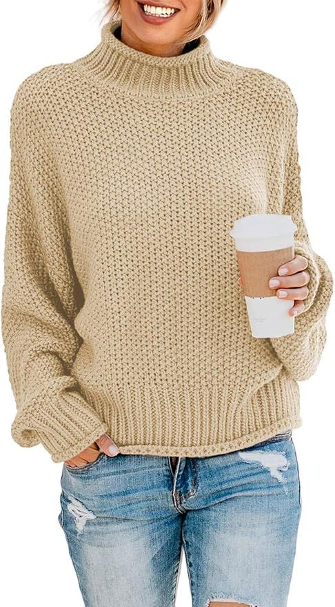 Dokotoo Womens 2023 Winter Fall Solid Turtleneck High Neck Balloon Long Sleeve Sweaters Pullover ... | Amazon (US)