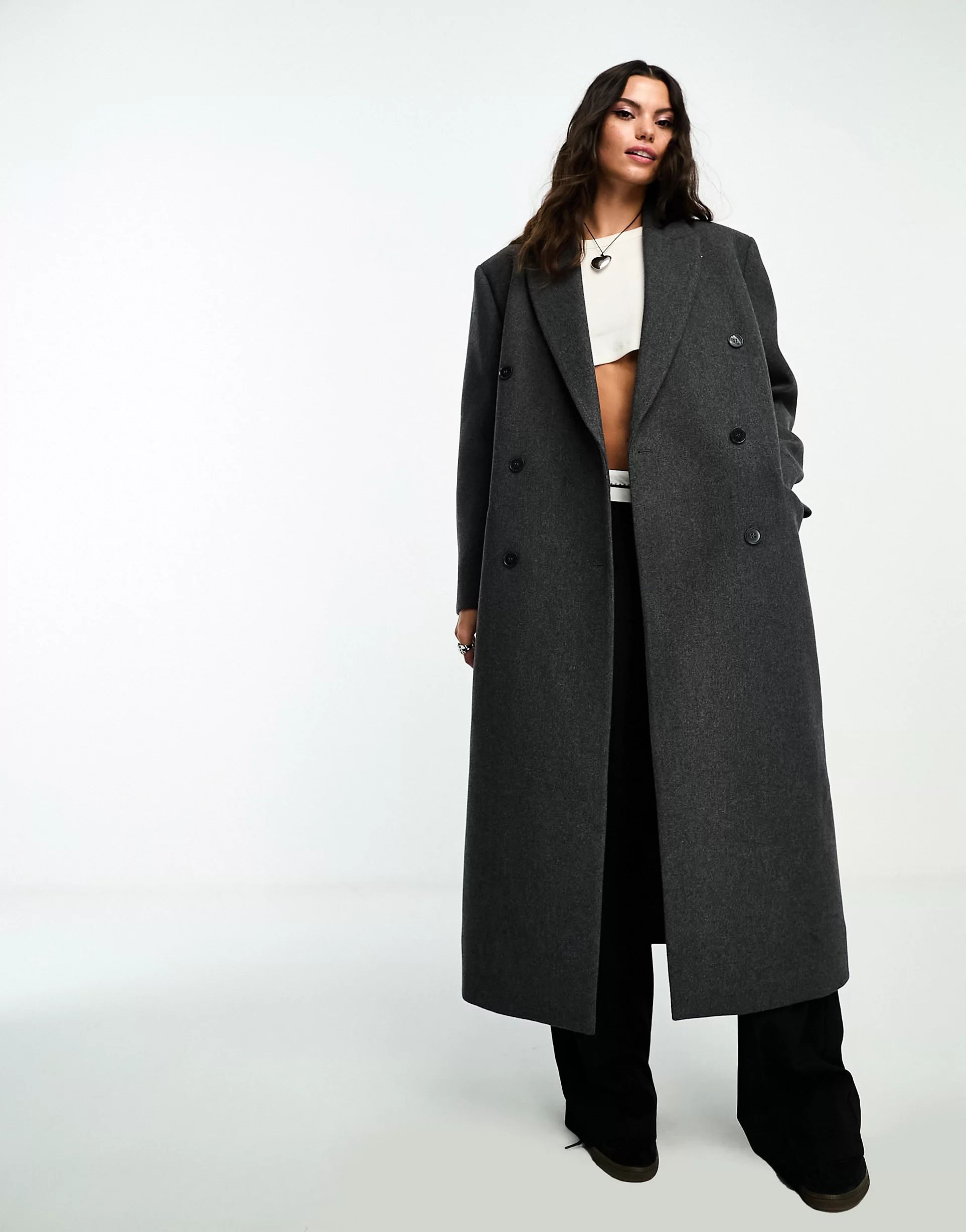 Weekday Alex wool blend oversized double breasted coat in charcoal melange | ASOS (Global)