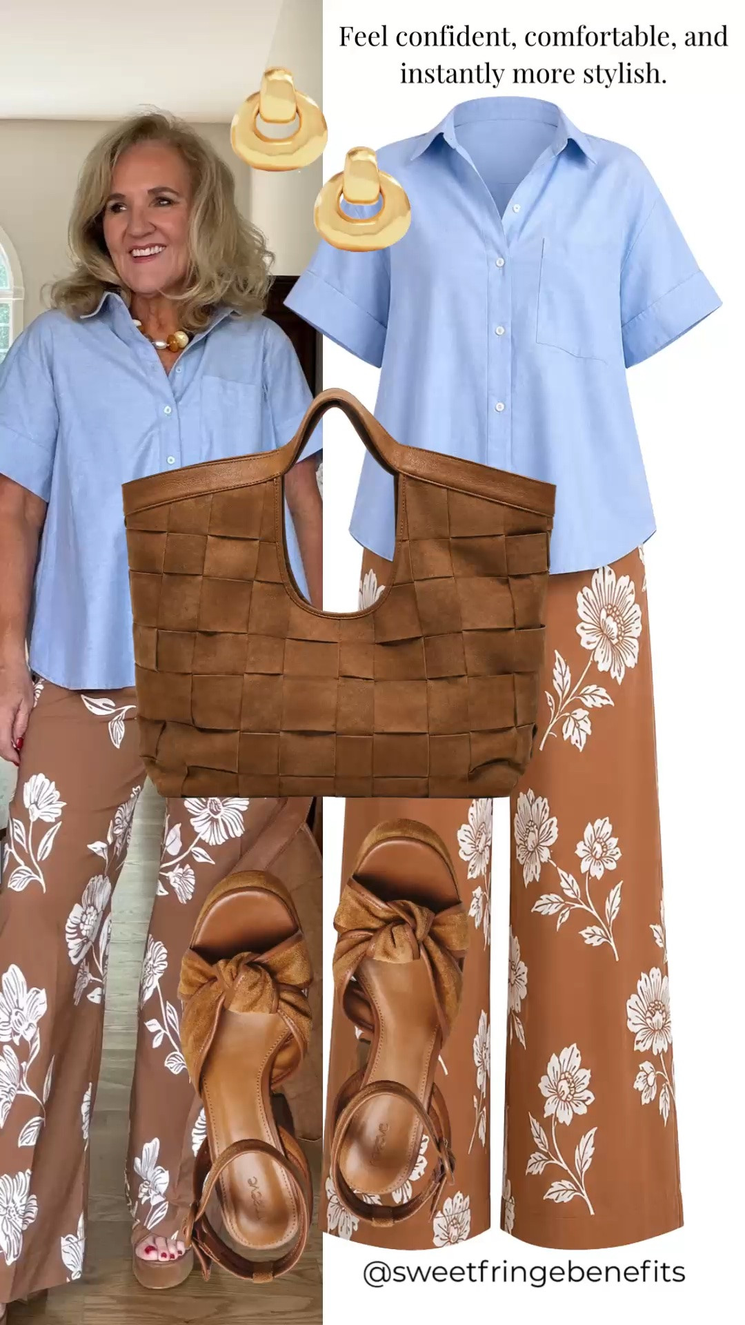 This light blue button-front top is such an easy pairing with these brown floral wide-leg pants. The relaxed fit feels comfortable and polished, while the warm brown accessories pull the whole look together.

💡 LTK MADE EASY
❤️ Heart = Support my posts!
🔖 Save = Get sale & restock alerts
📋 Lists = Keep favorites organized
📲 Share = Send lists and products to a friend. Hello, Christmas List!
💬 Comment = Ask me anything about what I'm wearing.:-)

#LTKootd #LTKWorkwear #LTKOver40