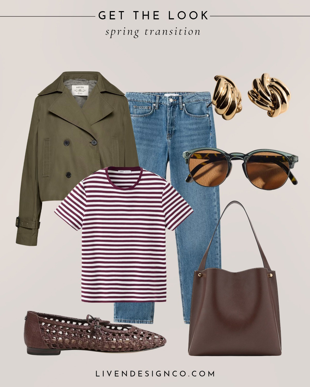 Spring transition look. Style inspiration. Wardrobe staples. Green cropped trench coat. Striped tee. Mango. Aritzia. Green sunglasses. Anthropologie. Gold knot earrings. Straight denim. Woven brown leather ballet flats. Sam Edelman. Brown tote. Shoulder bag

#LTKSpringSale #LTKSeasonal #LTKSaleAlert