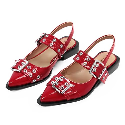 Bieosnli Women's Buckle Ballet Flats Wide Welt Slingback Flats Pointed Toe Chunky Low Heel Comfortable Ballet Shoes for Ladies Red | Amazon (US)