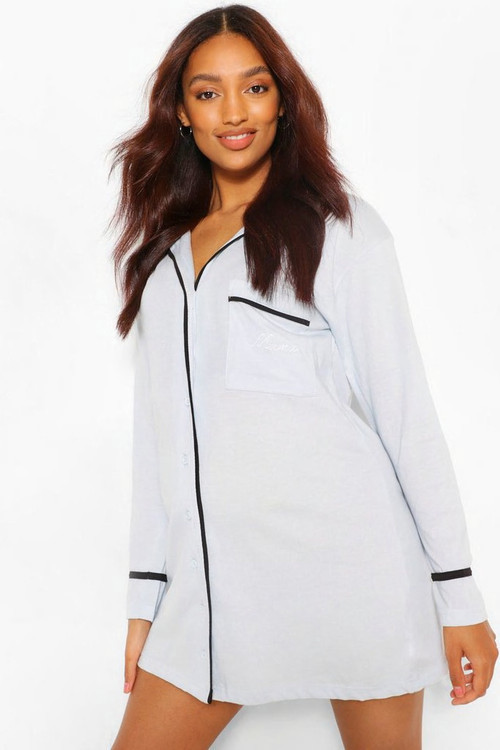 Maternity Mama Embroidered Pipe Detail Nightgown | Boohoo.com (US & CA)