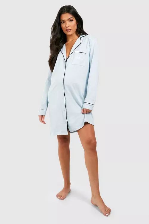 Maternity Mama Embroidered Pipe Detail Nightgown | Boohoo.com (US & CA)