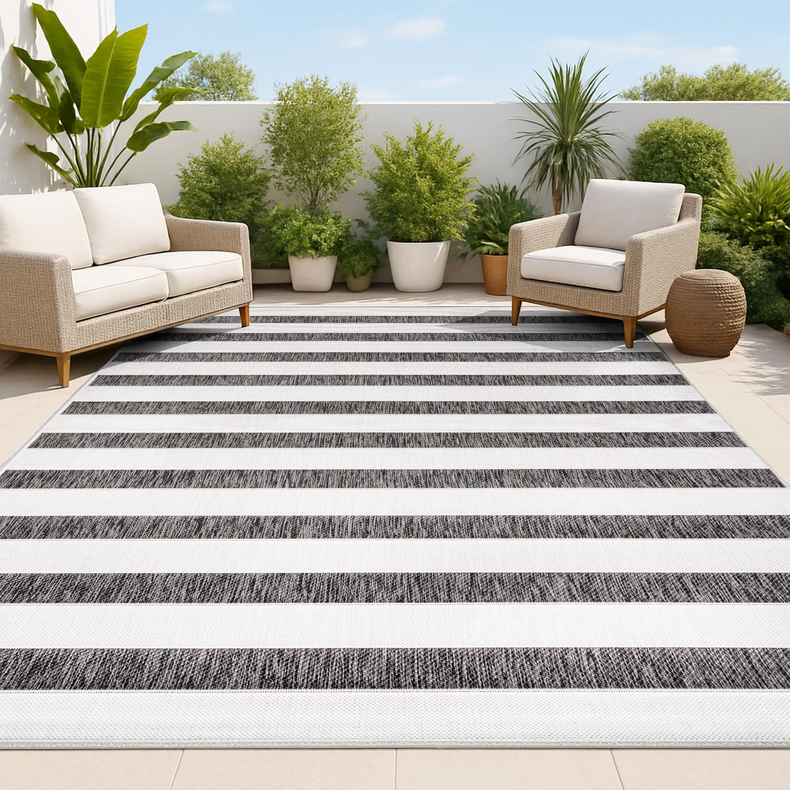JONATHAN Y Wide Stripe Indoor Outdoor Area Rug 8X10 Black/Cream, Aveiro for Backyard, Patio, Porc... | Amazon (US)