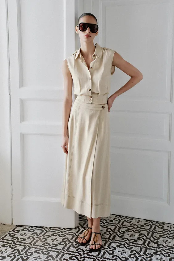 LINEN BLEND WRAP MIDI SKIRT | Zara US